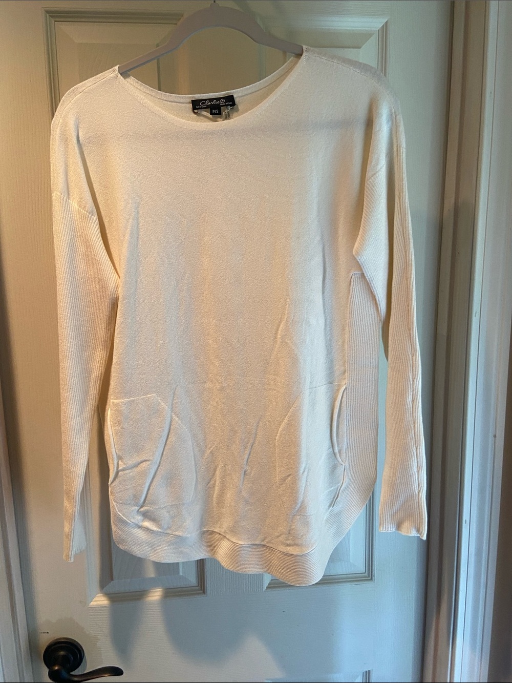 Charlie B Cream Crewneck Pocket Sweater